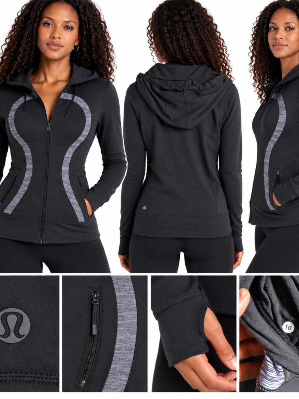 Lululemon Define Zip Hoodie Jacket Sz 10 Black Gray Athletic Sporty Thumbholes